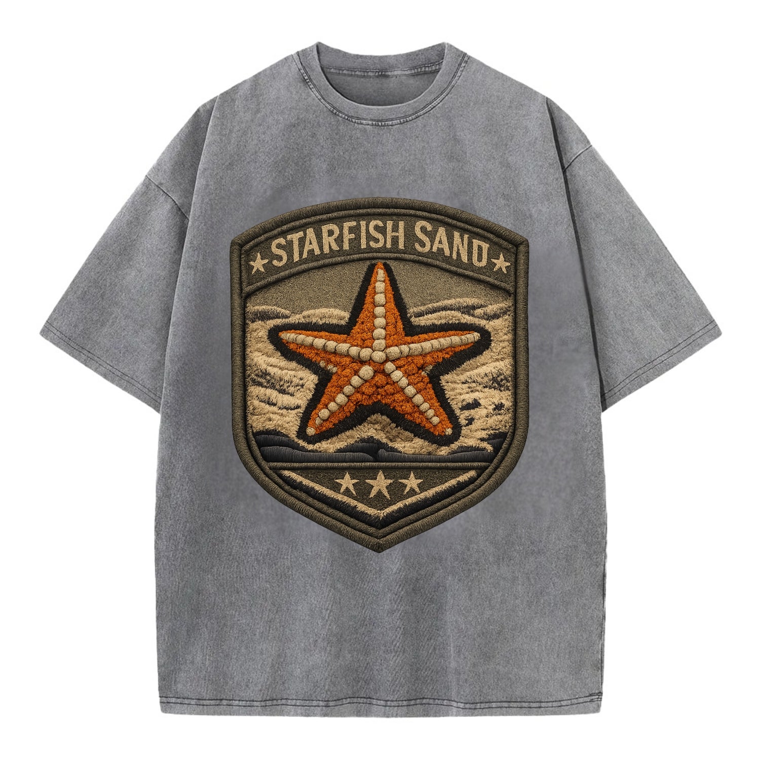 STARFISH SAND - sea star in orange and tan , beachcomber - Vintage T-shirt - Grey