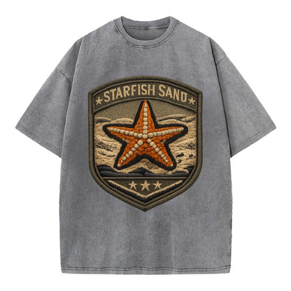STARFISH SAND - sea star in orange and tan , beachcomber - Vintage T-shirt - Grey
