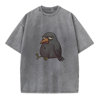 THE CROW JUDGES SILENTLY | Black crow with disapproving look - Vintage T-shirt - Grey