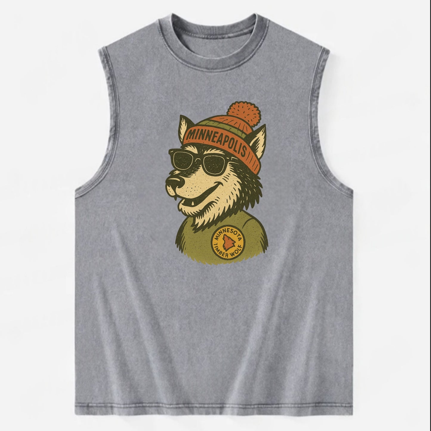Minnesota Timber Wolf wearing Minneapolis beanie with pom pom and wayfarer - Vintage Washed Tank - Grey