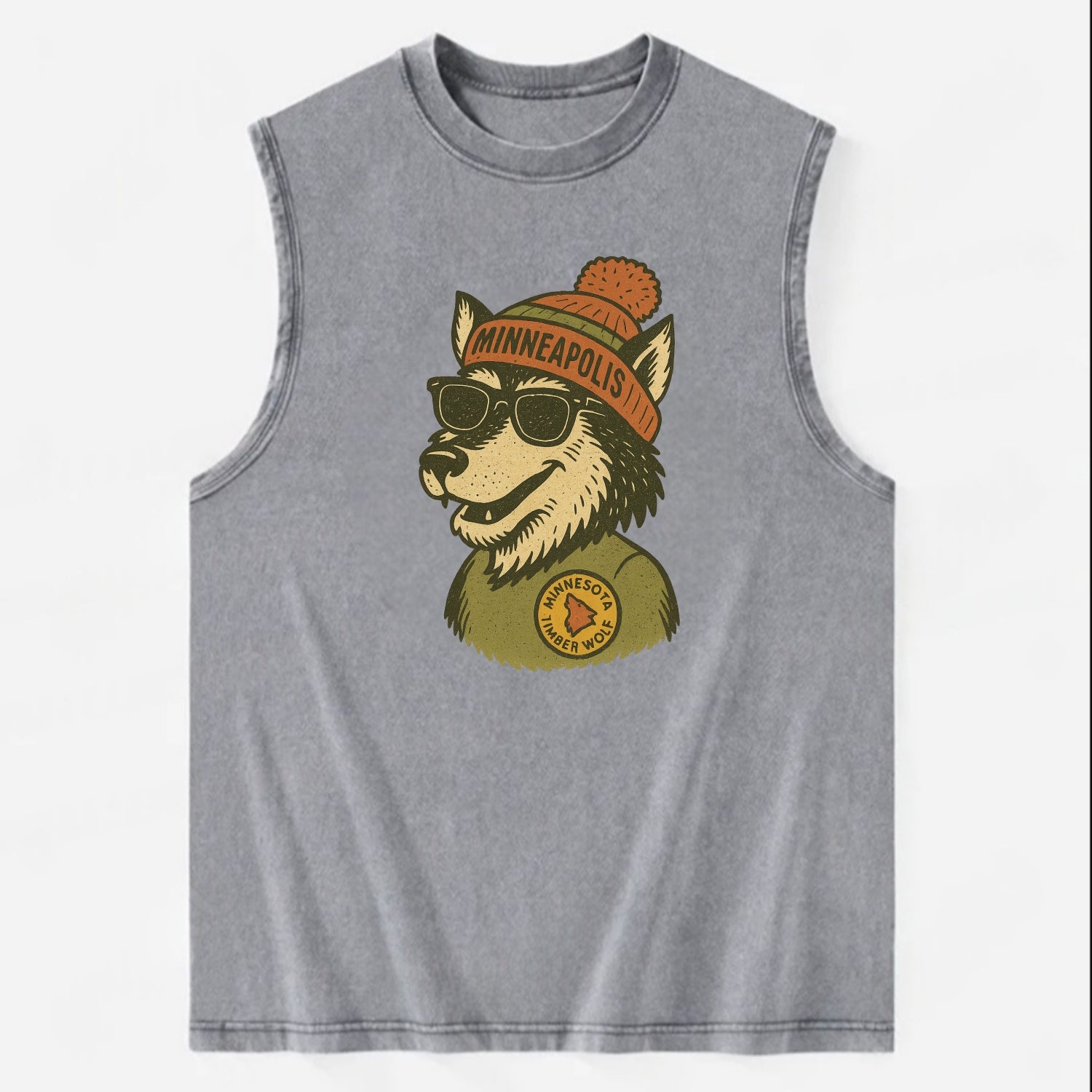 Minnesota Timber Wolf wearing Minneapolis beanie with pom pom and wayfarer - Vintage Washed Tank - Grey