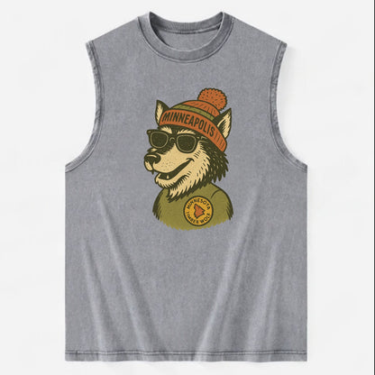 Minnesota Timber Wolf wearing Minneapolis beanie with pom pom and wayfarer - Vintage Washed Tank - Grey
