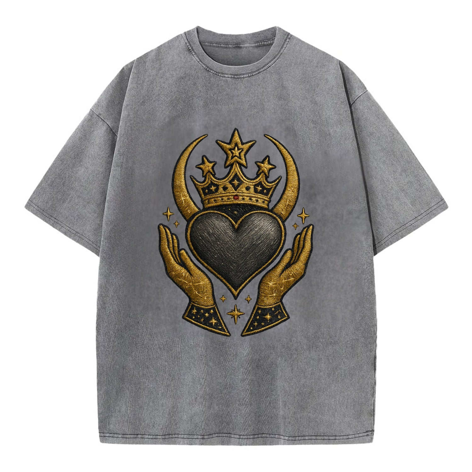 Celtic knot crown with woven strands merging into copper hands shielding a pewter - Vintage T-shirt - Grey