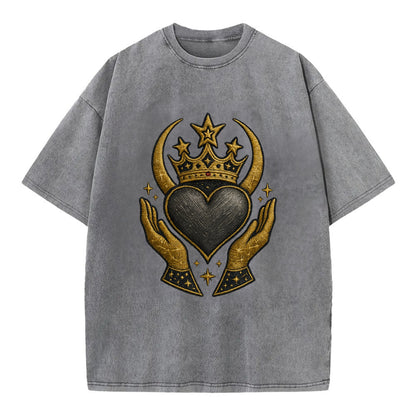 Celtic knot crown with woven strands merging into copper hands shielding a pewter - Vintage T-shirt - Grey