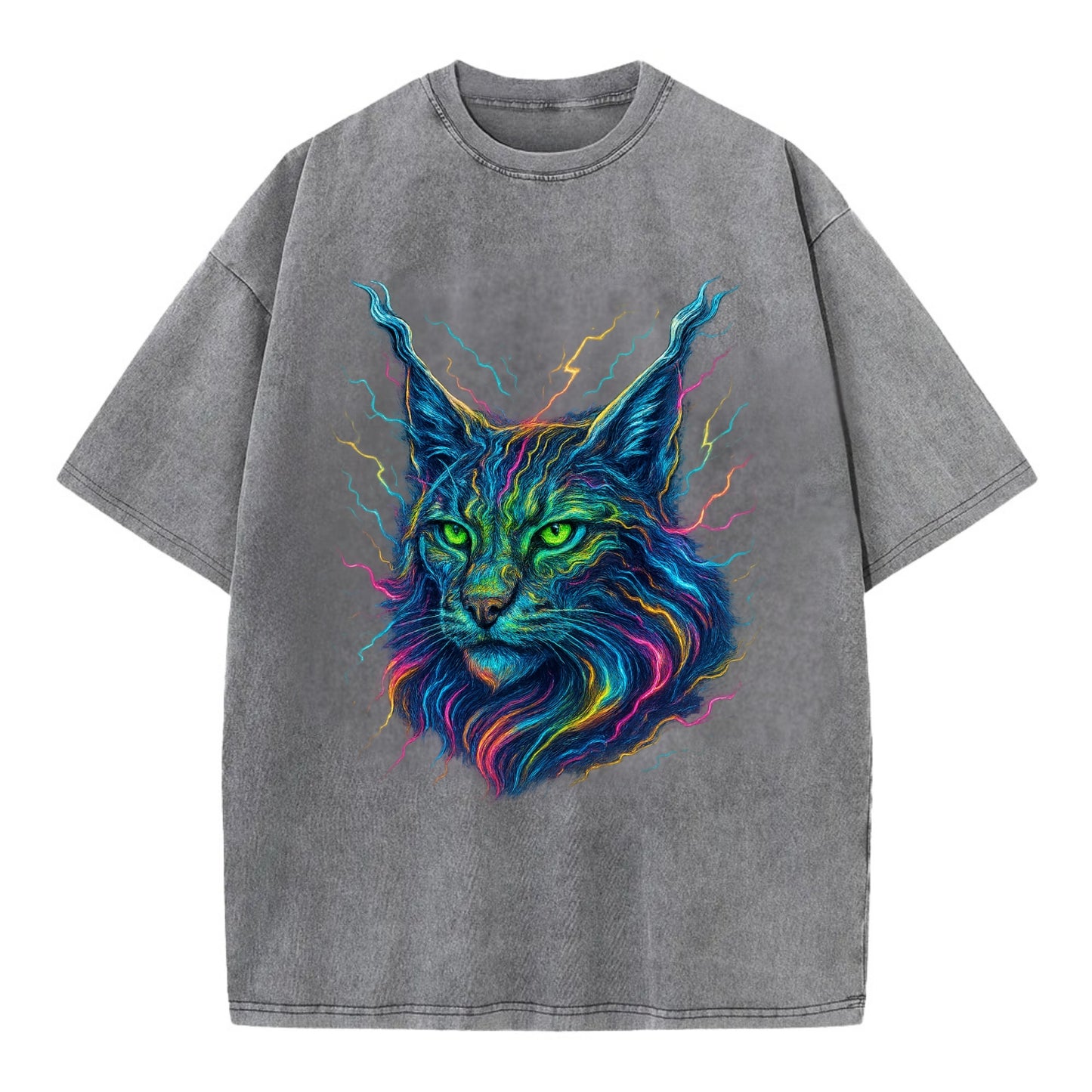 Wild lynx with ear tufts transforming into liquid mercury flows, silver and gold - Vintage T-shirt - Grey