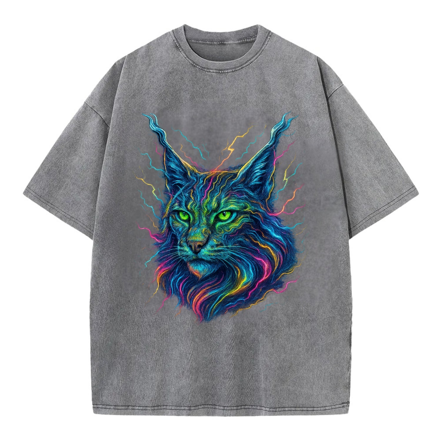 Wild lynx with ear tufts transforming into liquid mercury flows, silver and gold - Vintage T-shirt - Grey