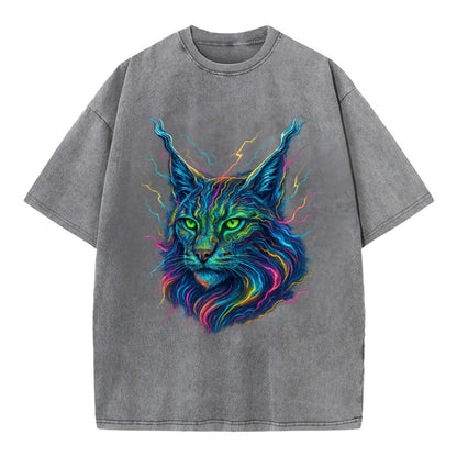 Wild lynx with ear tufts transforming into liquid mercury flows, silver and gold - Vintage T-shirt - Grey