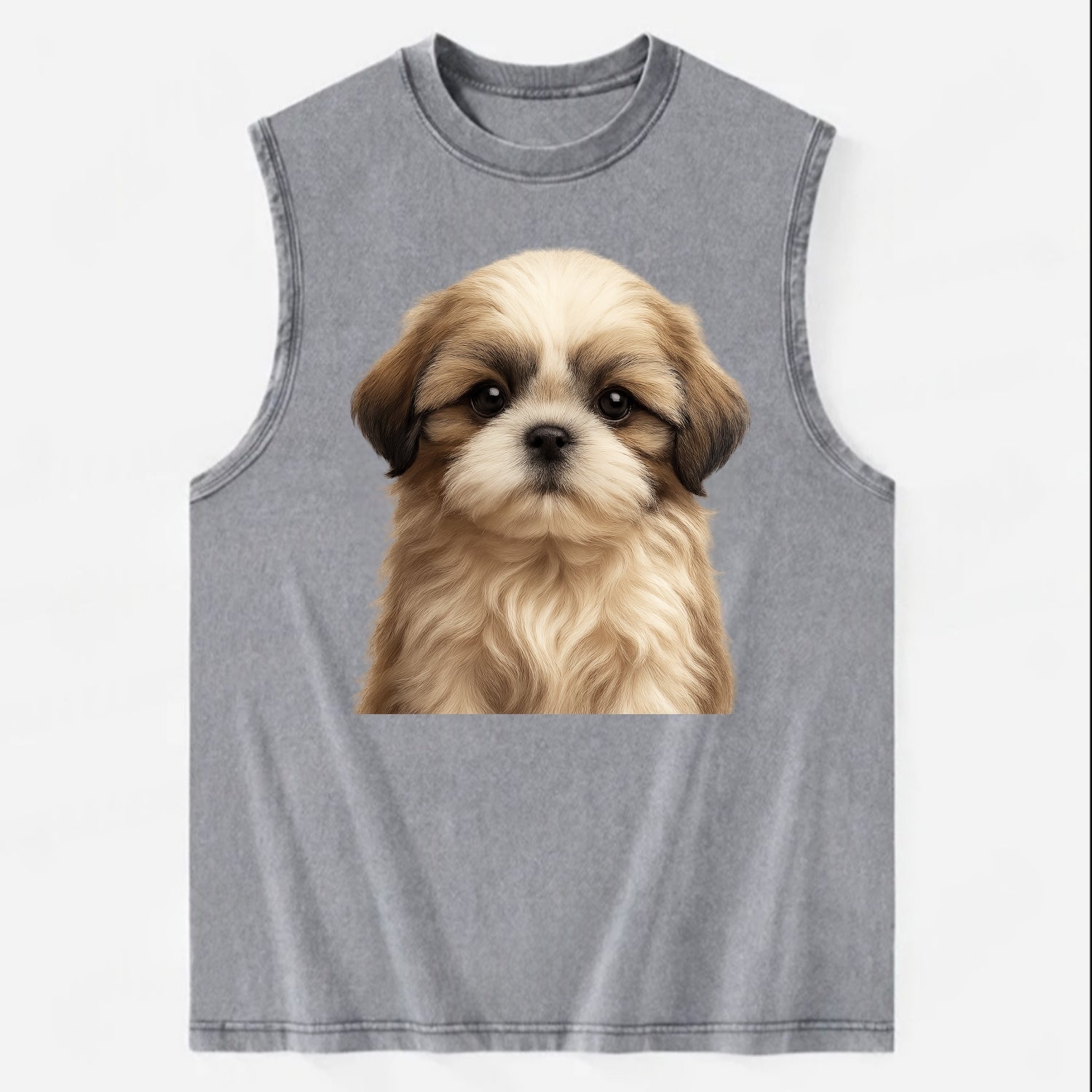 Baby Shih Tzu Puppy - long flowing coat, flat face, big dark eyes, - Vintage Washed Tank - Grey