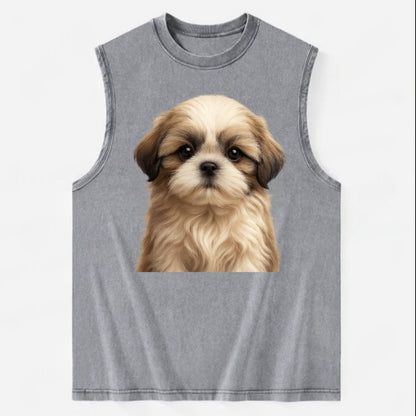 Baby Shih Tzu Puppy - long flowing coat, flat face, big dark eyes, - Vintage Washed Tank - Grey