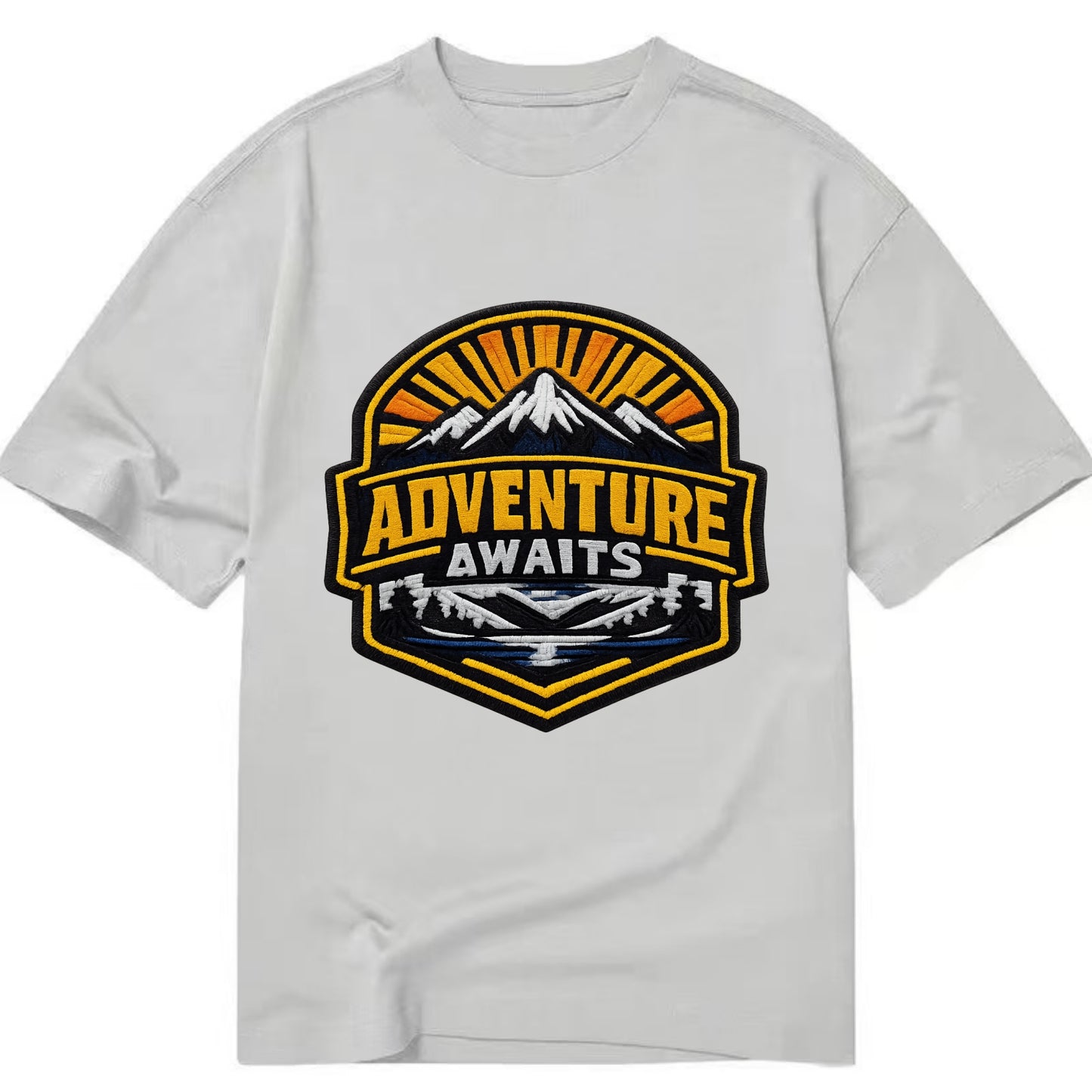 ADVENTURE AWAITS - mountain sunrise with text in gold and blue , wanderlust - Classic T-shirt - Grey