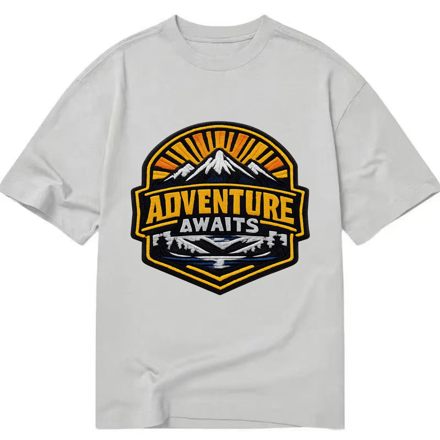 ADVENTURE AWAITS - mountain sunrise with text in gold and blue , wanderlust - Classic T-shirt - Grey