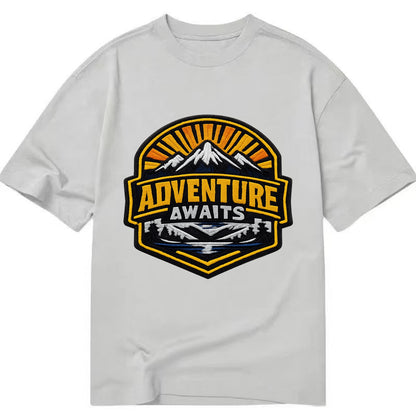ADVENTURE AWAITS - mountain sunrise with text in gold and blue , wanderlust - Classic T-shirt - Grey