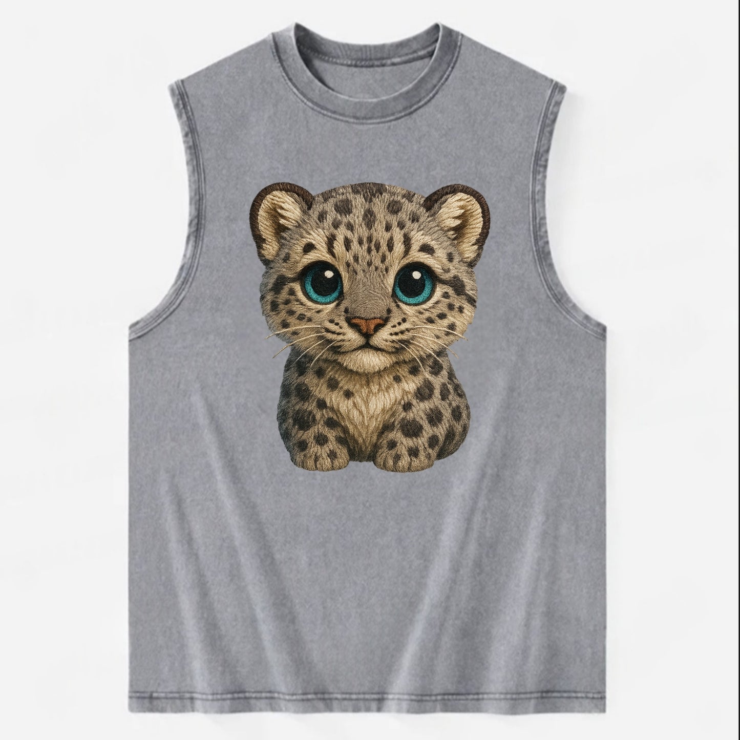 Baby Snow Leopard Cub - gray spotted, thick fur, blue-green eyes, - Vintage Washed Tank - Grey