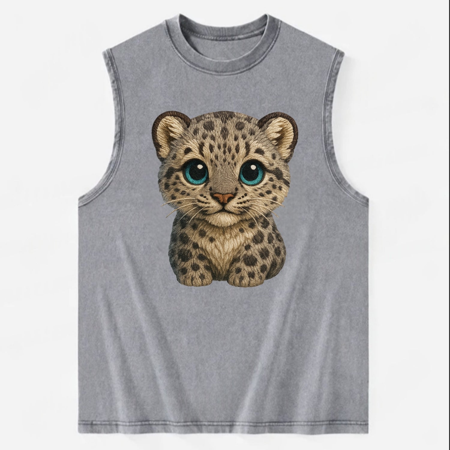 Baby Snow Leopard Cub - gray spotted, thick fur, blue-green eyes, - Vintage Washed Tank - Grey