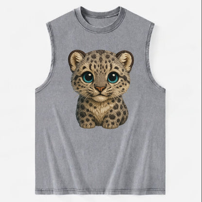 Baby Snow Leopard Cub - gray spotted, thick fur, blue-green eyes, - Vintage Washed Tank - Grey