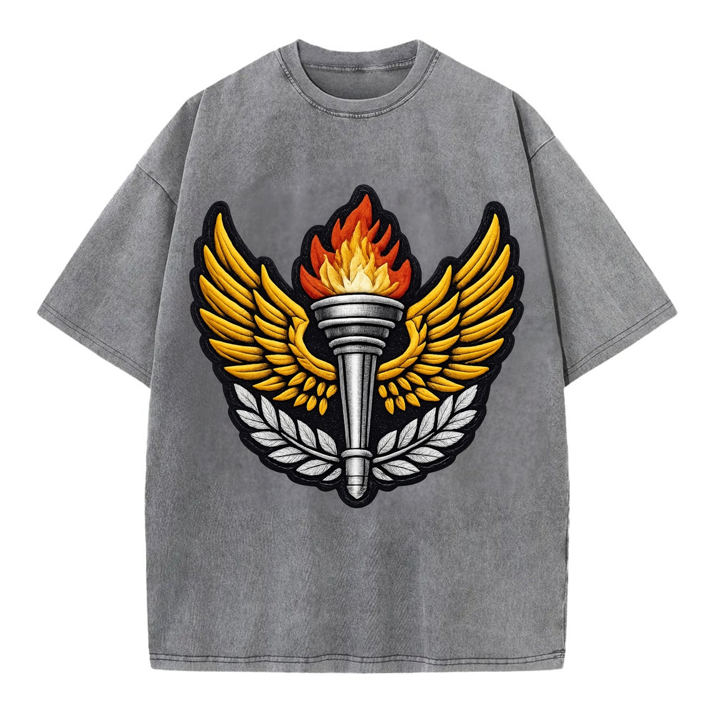 Embroidered patch design - TRACK AND FIELD TORCH - Olympic style torch with wings - Vintage T-shirt - Grey