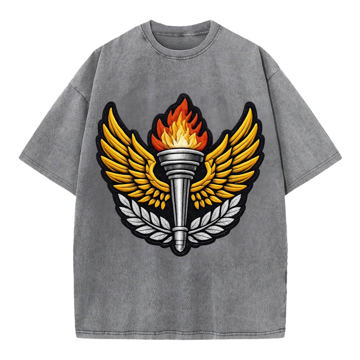 Embroidered patch design - TRACK AND FIELD TORCH - Olympic style torch with wings - Vintage T-shirt - Grey