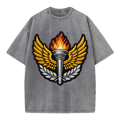 Embroidered patch design - TRACK AND FIELD TORCH - Olympic style torch with wings - Vintage T-shirt - Grey