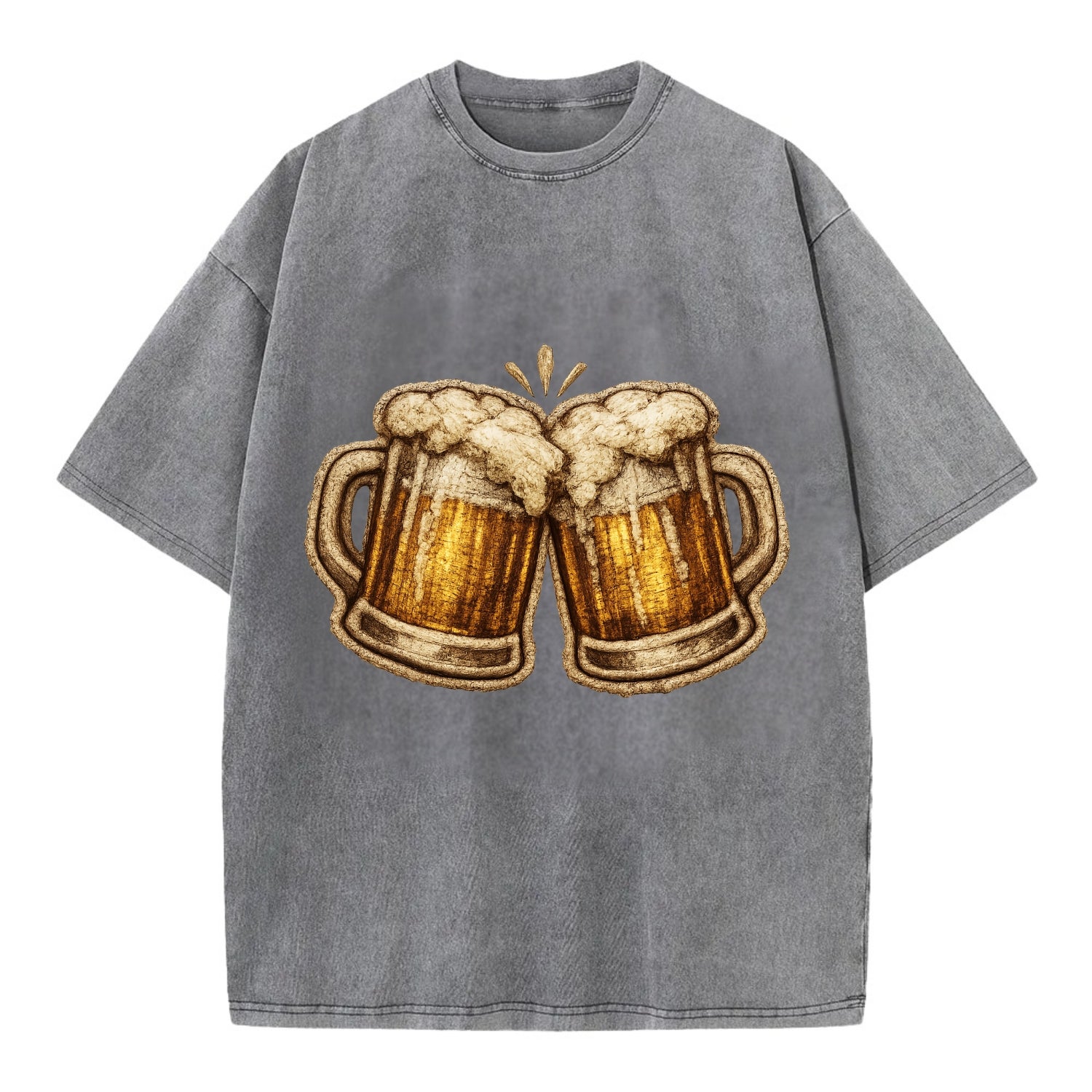 BEER MUG CHEERS - frosty beer stein in gold and amber , brewery - Vintage T-shirt - Grey