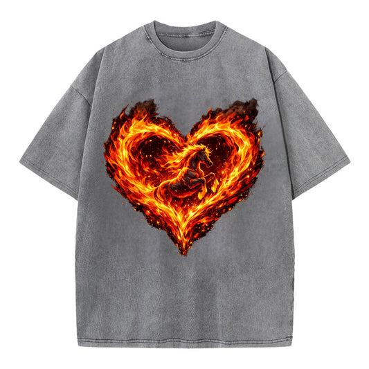 HEART OF FIRE | Flaming heart with horse silhouette inside | Passion embodied | - Vintage T-shirt - Grey