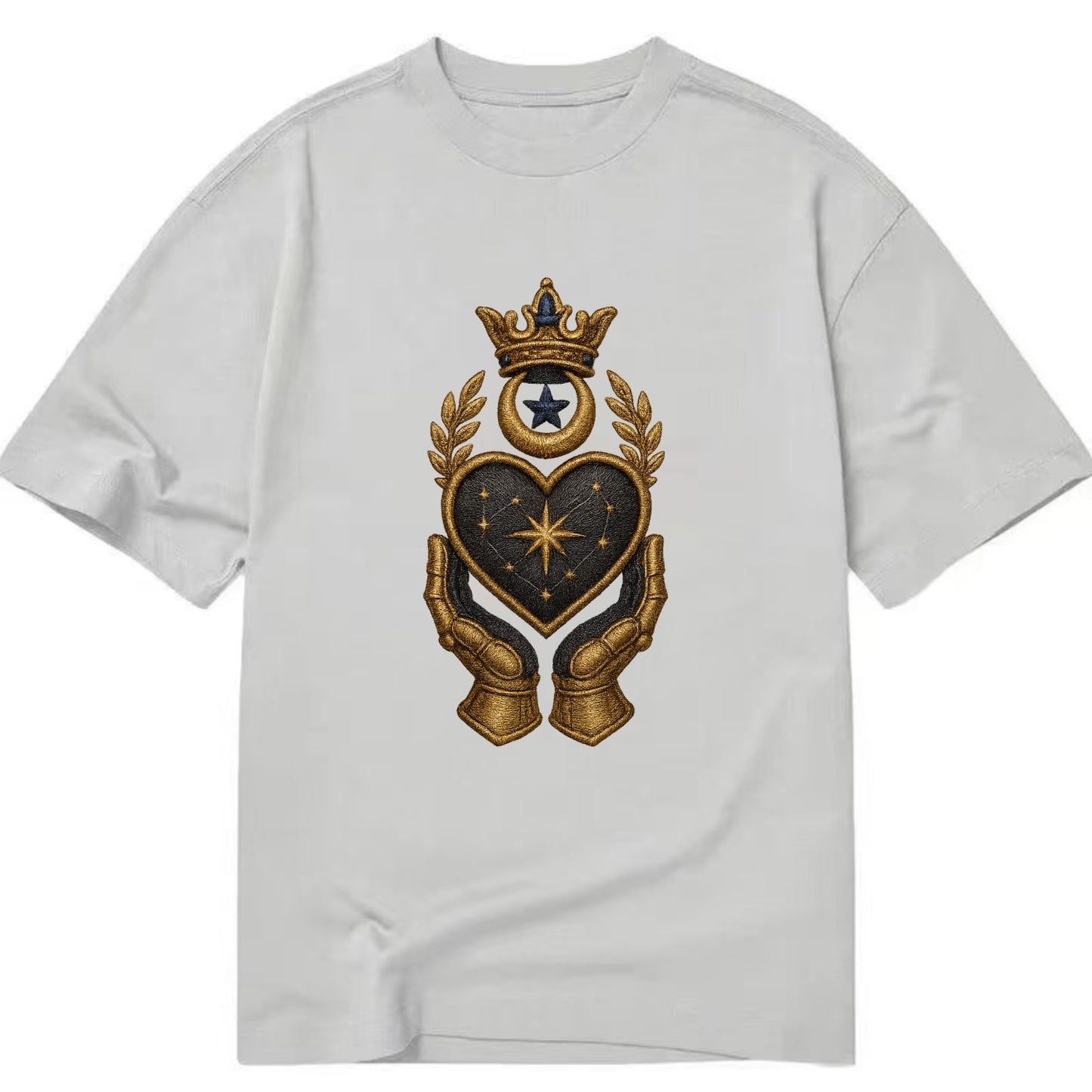 Crowned heart with Art Deco sunburst crown and geometric filigree hands cradling - Classic T-shirt - Grey