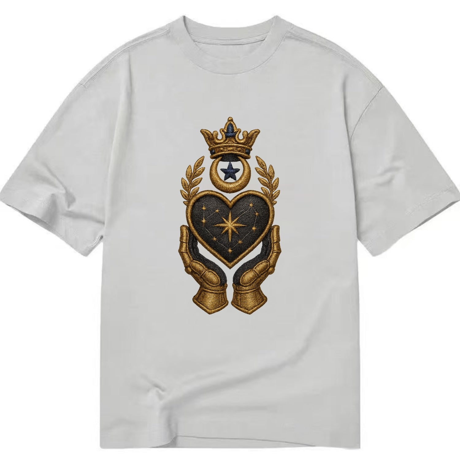 Crowned heart with Art Deco sunburst crown and geometric filigree hands cradling - Classic T-shirt - Grey