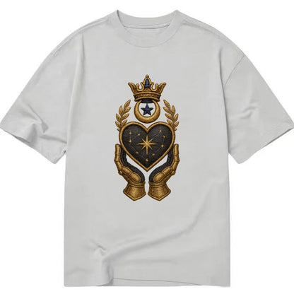 Crowned heart with Art Deco sunburst crown and geometric filigree hands cradling - Classic T-shirt - Grey