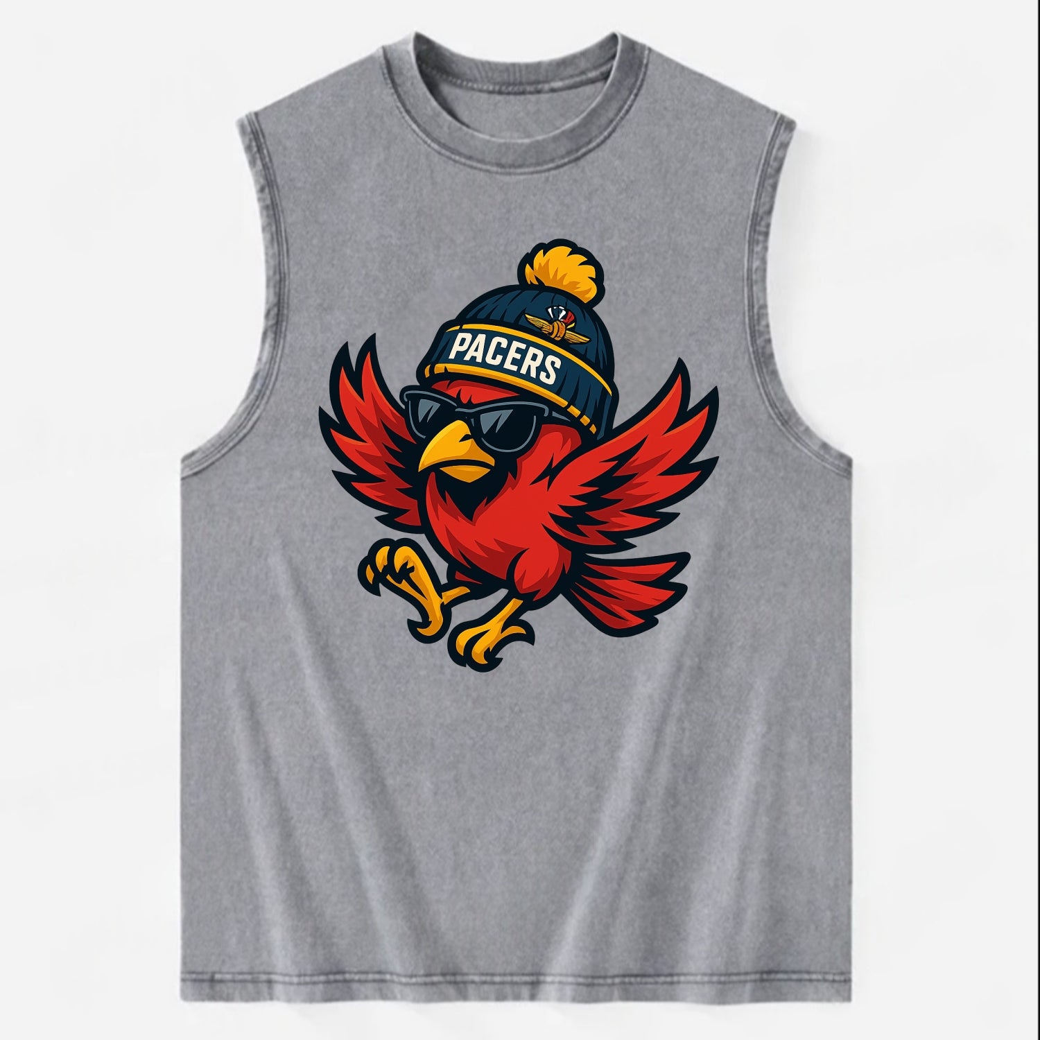 Indiana Cardinal wearing Pacers beanie with speedway patch and wayfarer - Vintage Washed Tank - Grey