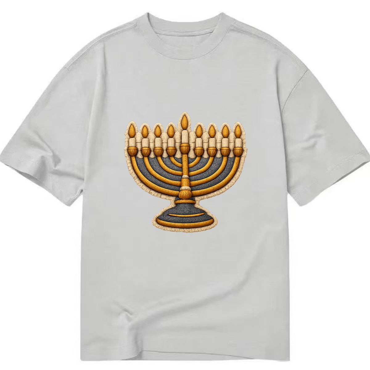 MENORAH LIGHTS - nine branch candelabra in gold and blue , Hanukkah - Classic T-shirt - Grey