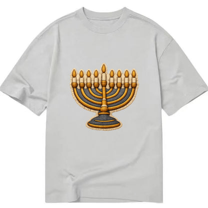 MENORAH LIGHTS - nine branch candelabra in gold and blue , Hanukkah - Classic T-shirt - Grey