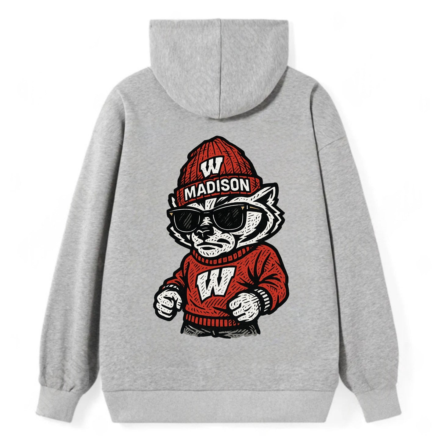 Madison Badger wearing Wisconsin beanie with motion W patch - Classic Pullover Hoodie - Grey