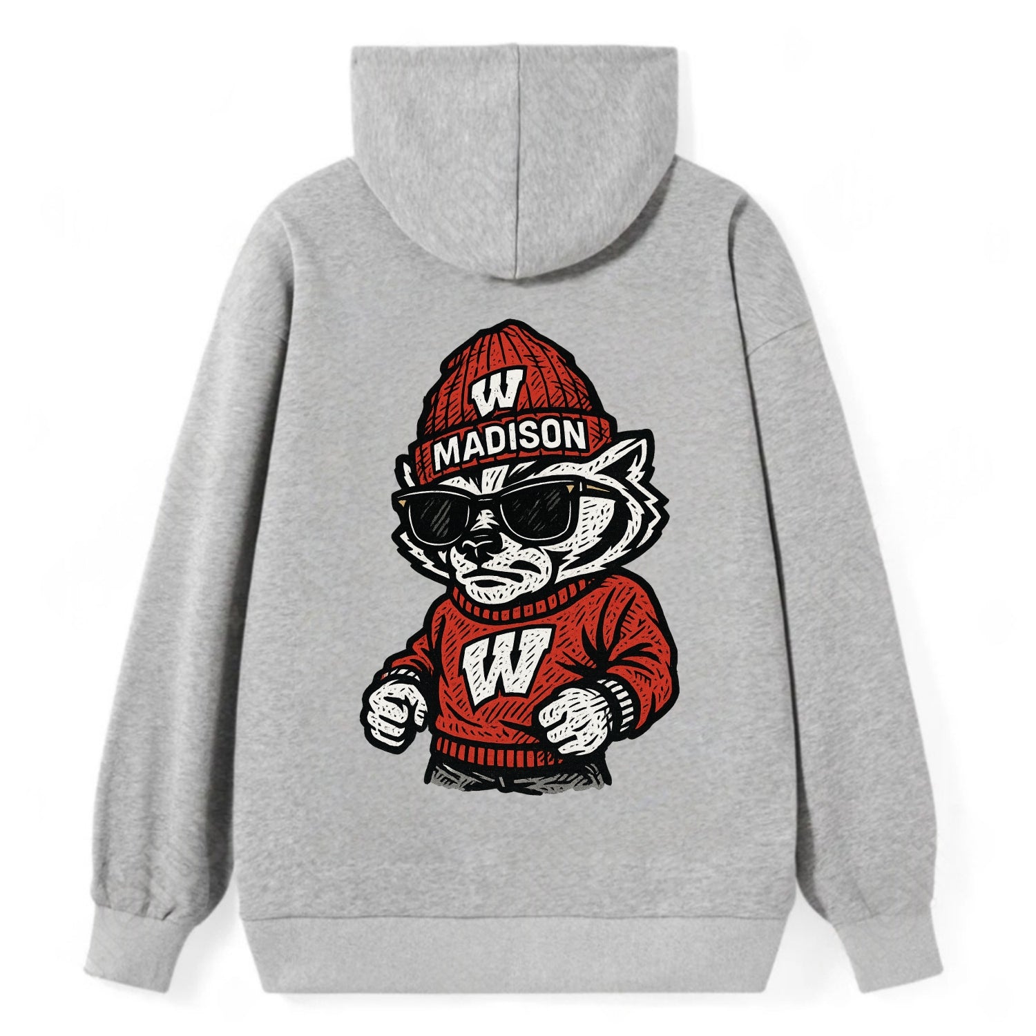Madison Badger wearing Wisconsin beanie with motion W patch - Classic Pullover Hoodie - Grey