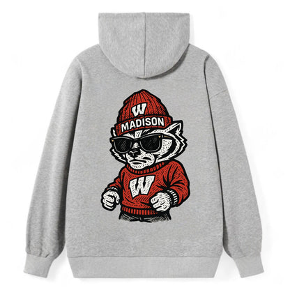 Madison Badger wearing Wisconsin beanie with motion W patch - Classic Pullover Hoodie - Grey