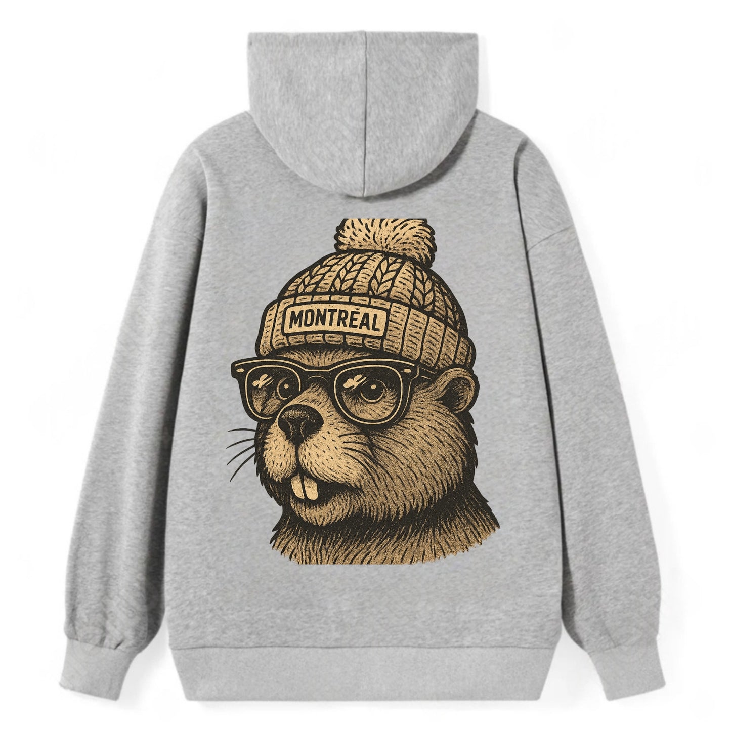 Montreal Beaver wearing Montreal beanie with pom pom and wayfarer - Classic Pullover Hoodie - Grey