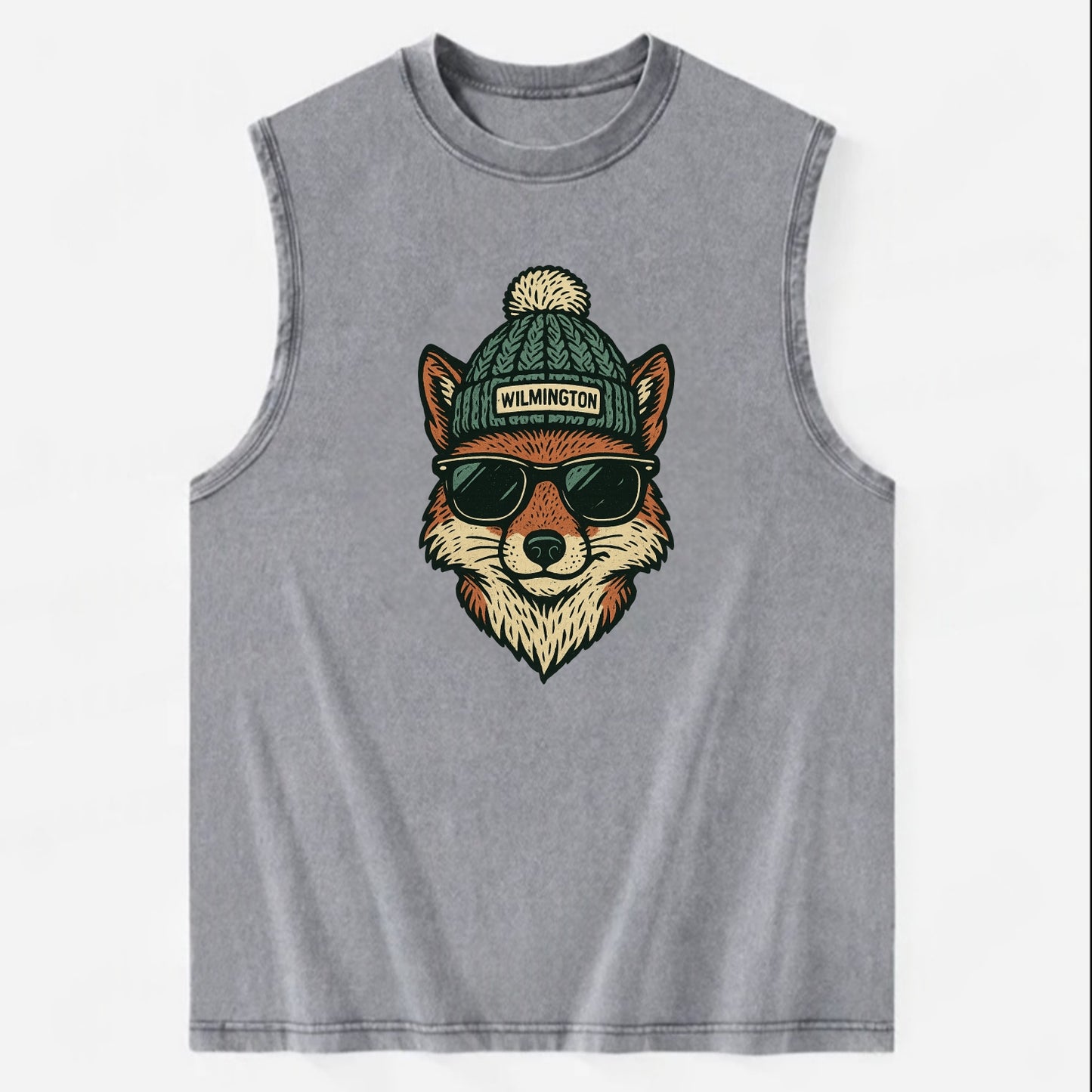 Delaware Gray Fox wearing Wilmington beanie with pom pom and wayfarer - Vintage Washed Tank - Grey