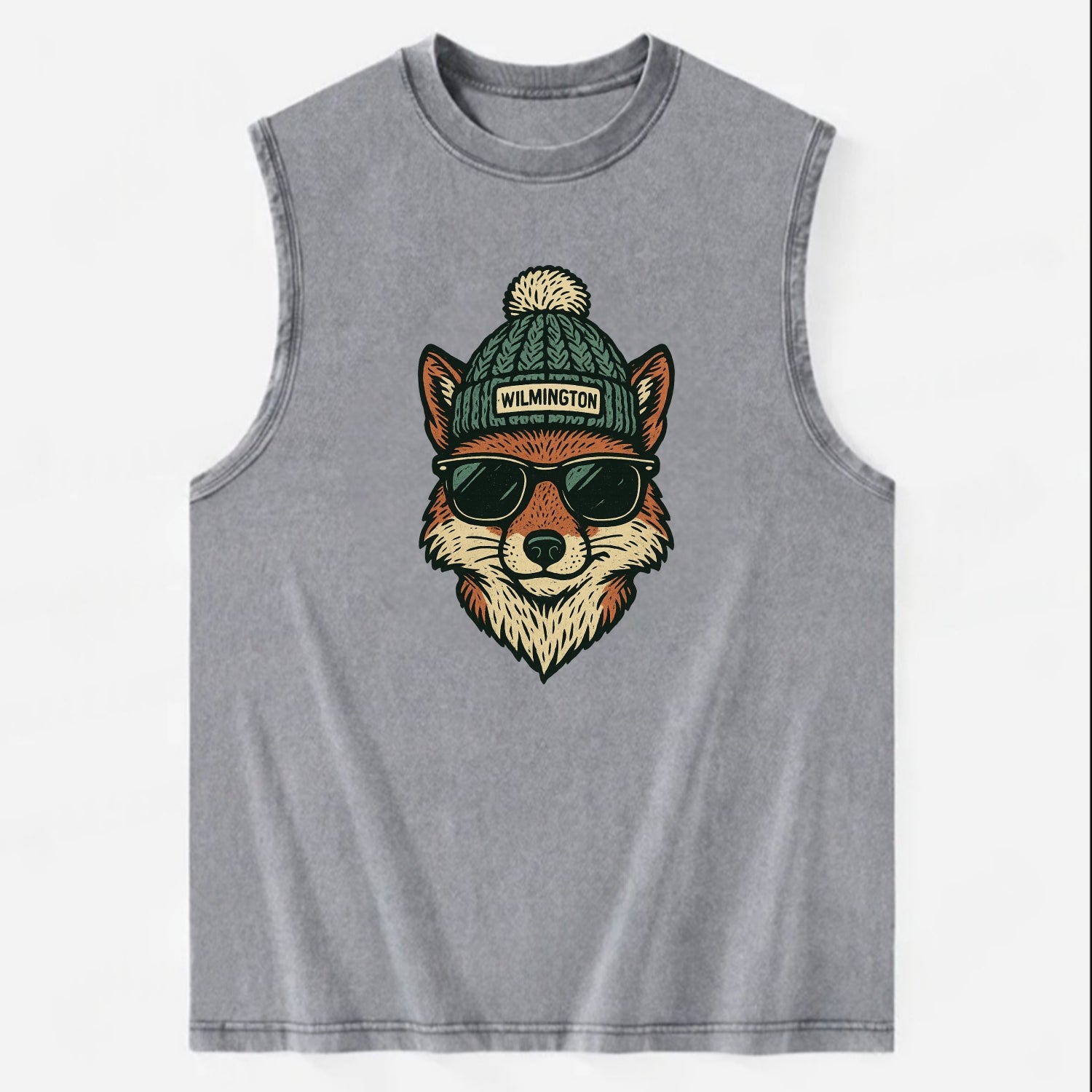 Delaware Gray Fox wearing Wilmington beanie with pom pom and wayfarer - Vintage Washed Tank - Grey