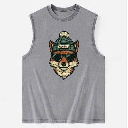 Delaware Gray Fox wearing Wilmington beanie with pom pom and wayfarer - Vintage Washed Tank - Grey