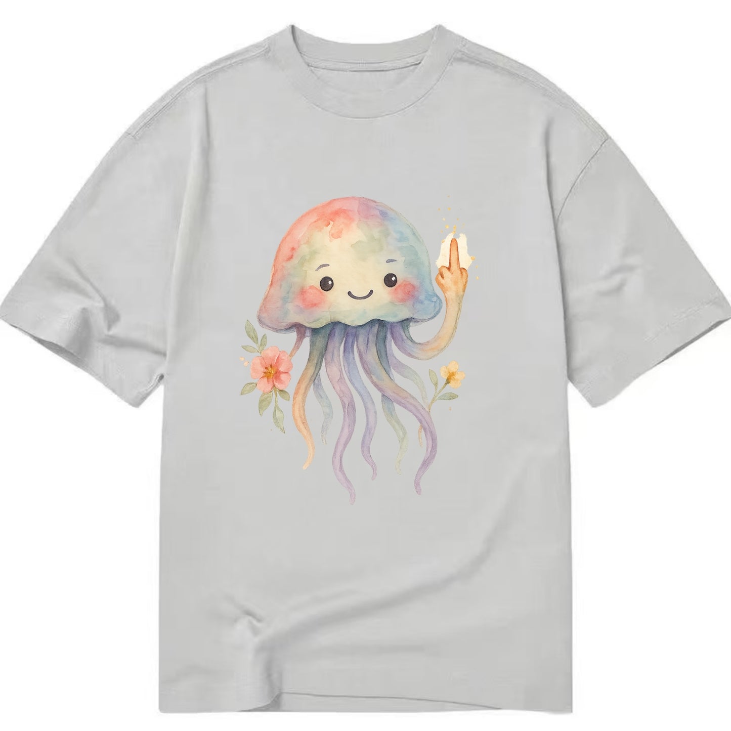 jellyfish with kawaii face and tentacles, one tentacle pointing up defiantly - Classic T-shirt - Grey