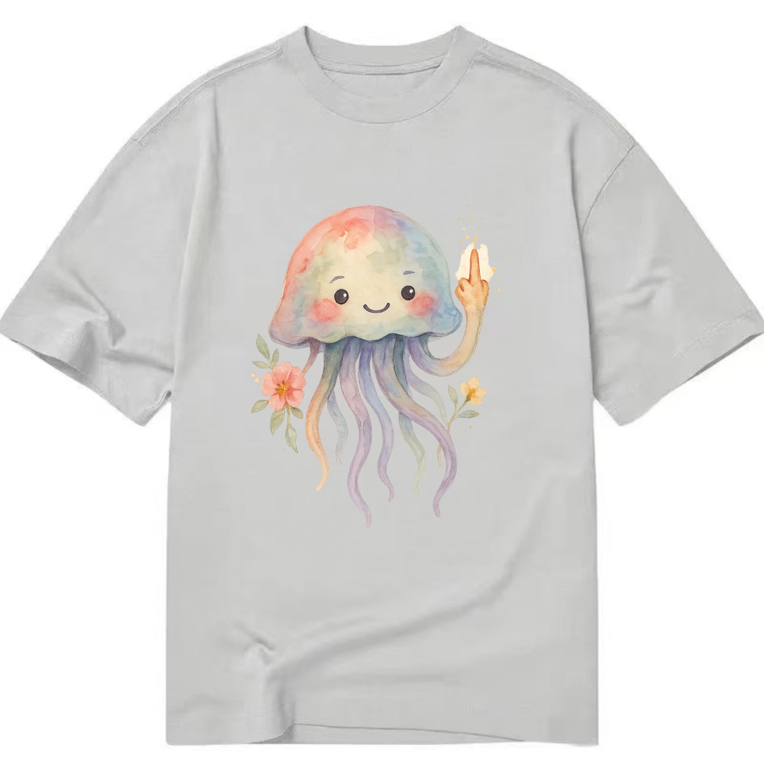 jellyfish with kawaii face and tentacles, one tentacle pointing up defiantly - Classic T-shirt - Grey