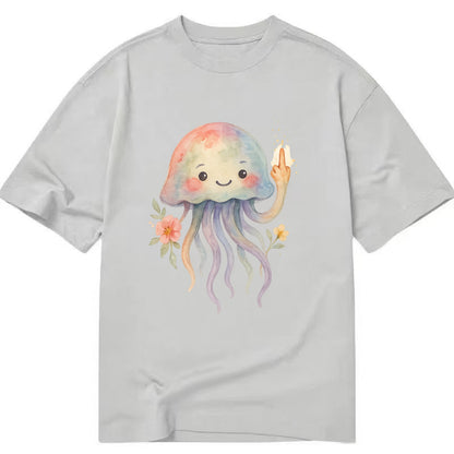 jellyfish with kawaii face and tentacles, one tentacle pointing up defiantly - Classic T-shirt - Grey