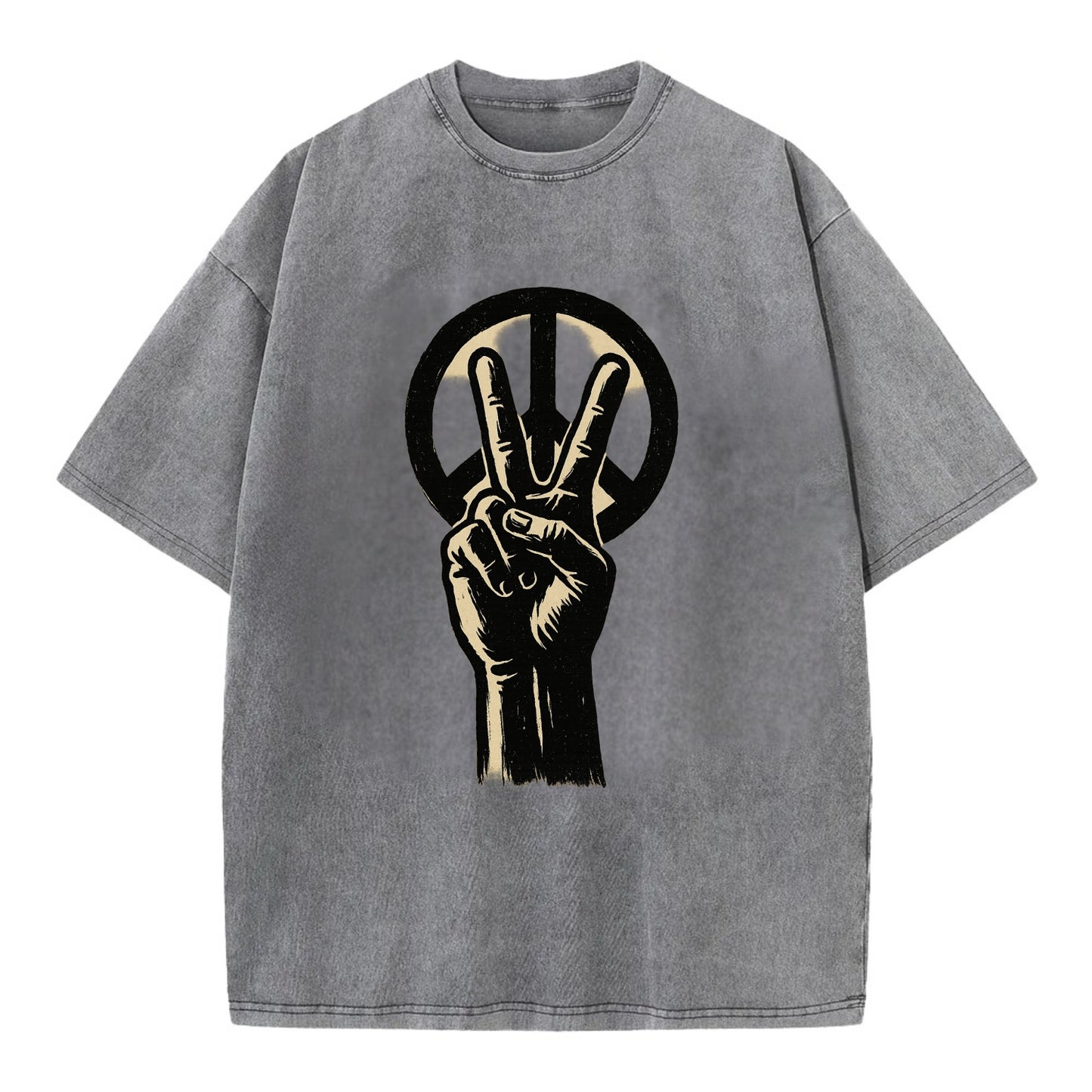 Peace sign hand gesture - anti-war movement ink brushstrokes - Vintage T-shirt - Grey