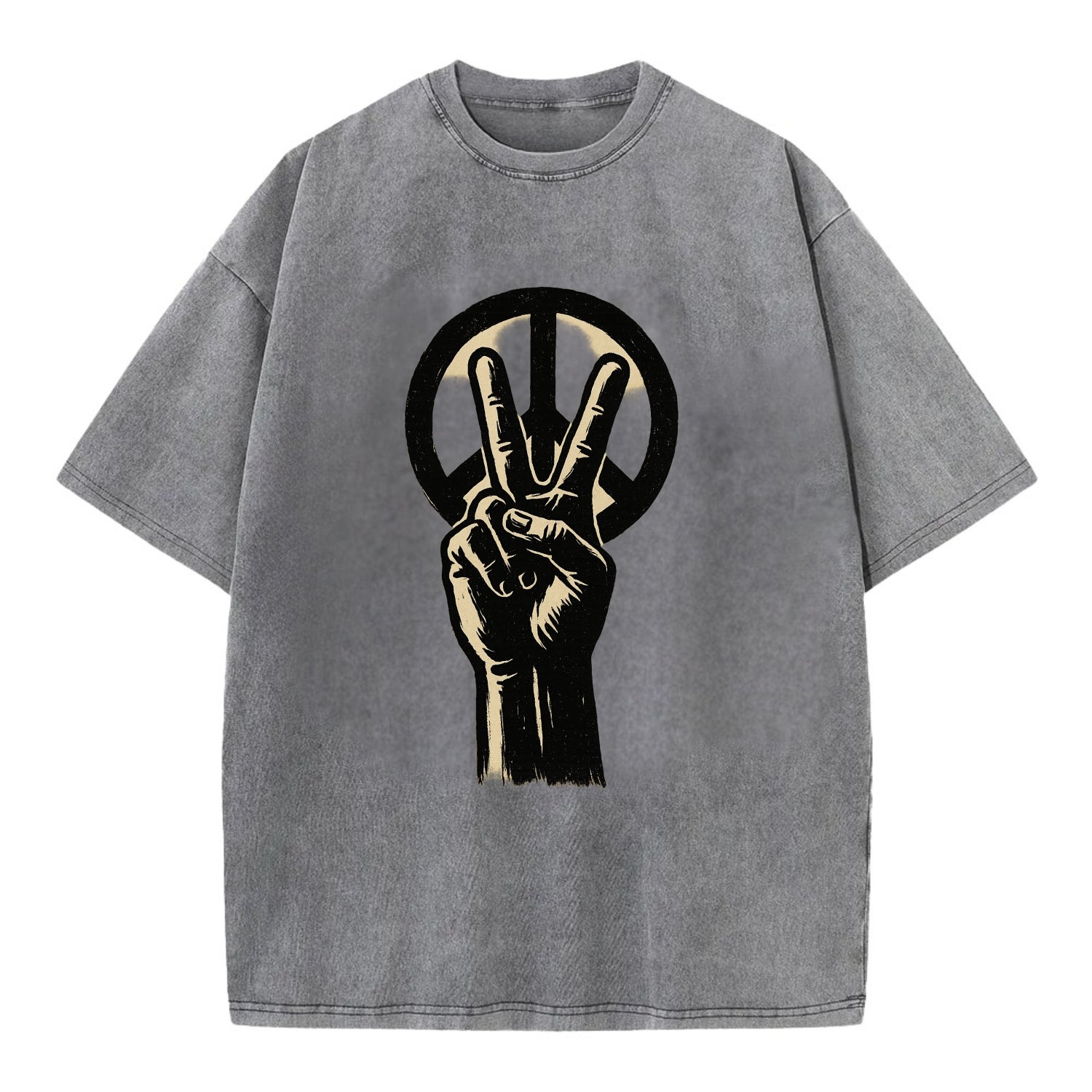 Peace sign hand gesture - anti-war movement ink brushstrokes - Vintage T-shirt - Grey