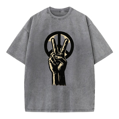 Peace sign hand gesture - anti-war movement ink brushstrokes - Vintage T-shirt - Grey