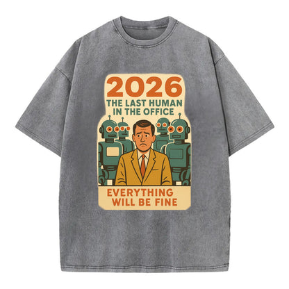 Single human worker surrounded by robot coworkers - "The last human in the office" - Vintage T-shirt - Grey