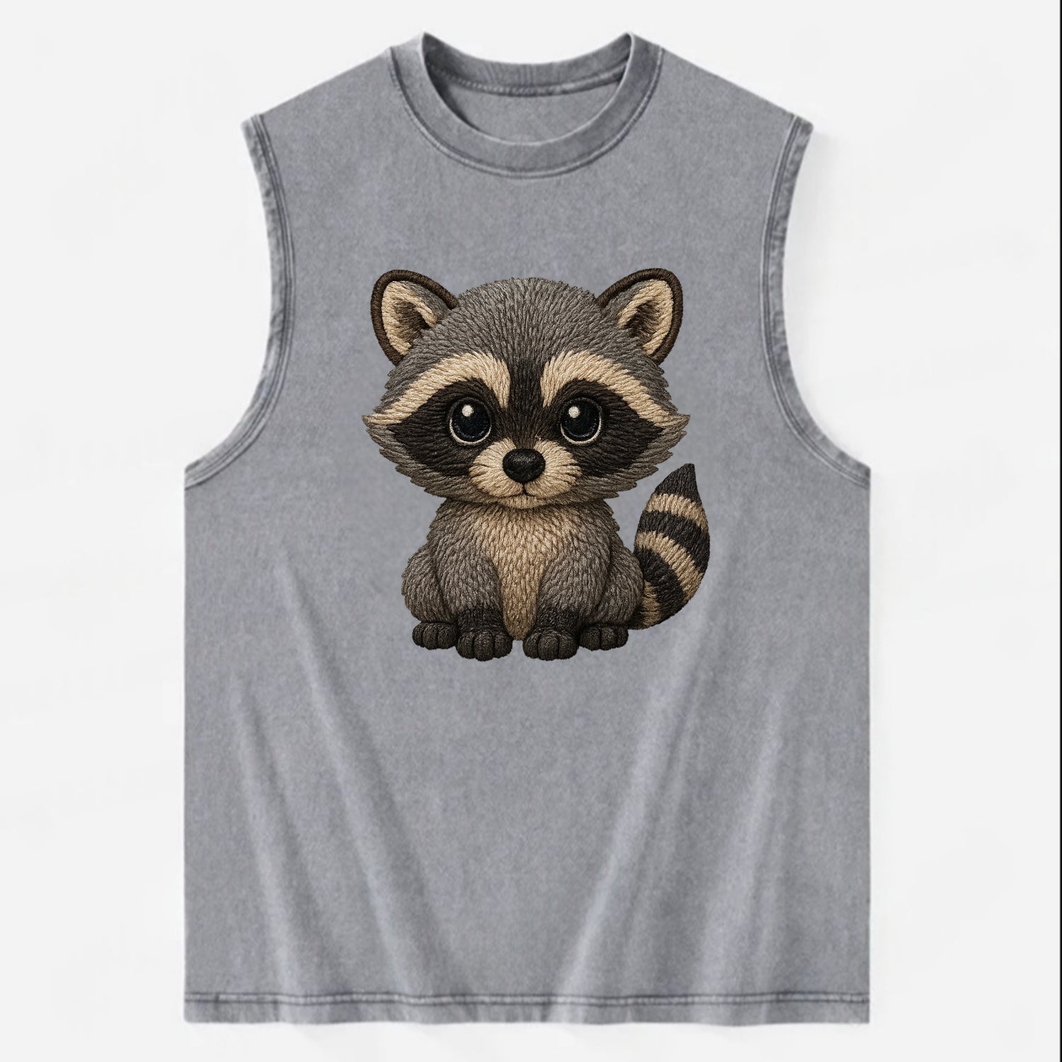 Baby Raccoon - gray fur, black mask, ringed tail, bright curious eyes, - Vintage Washed Tank - Grey