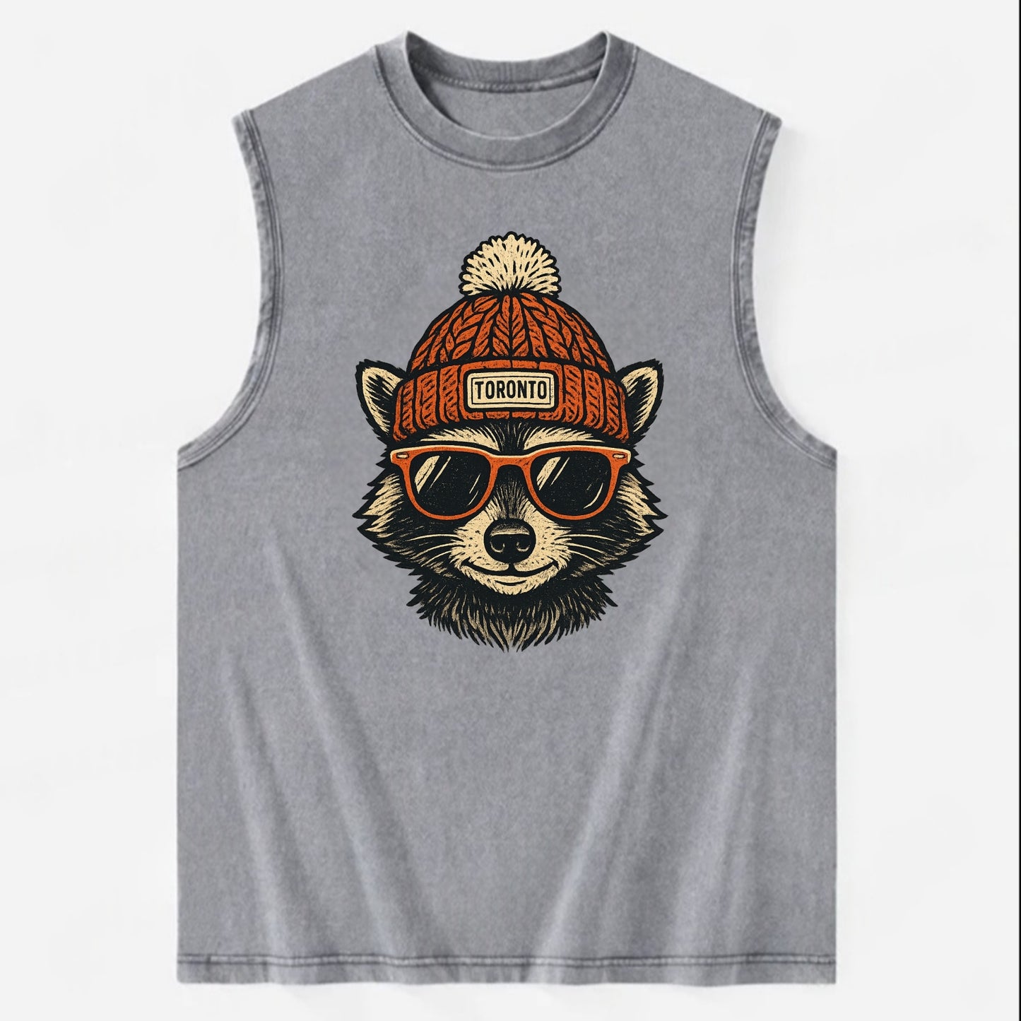Toronto Raccoon wearing Toronto beanie with pom pom and wayfarer sunglasses - Vintage Washed Tank - Grey