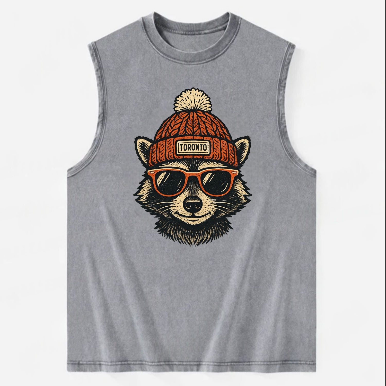 Toronto Raccoon wearing Toronto beanie with pom pom and wayfarer sunglasses - Vintage Washed Tank - Grey