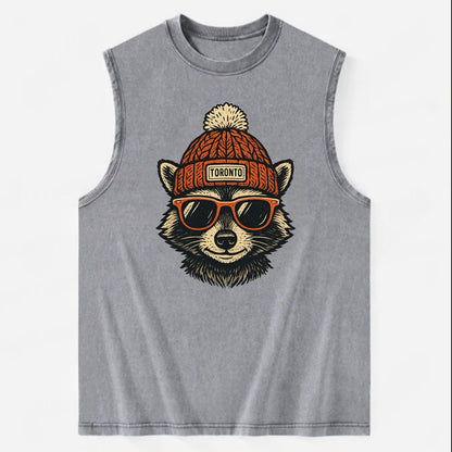 Toronto Raccoon wearing Toronto beanie with pom pom and wayfarer sunglasses - Vintage Washed Tank - Grey