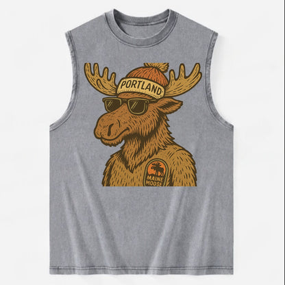 Maine Moose wearing Portland beanie with pom pom and wayfarer sunglasses - Vintage Washed Tank - Grey
