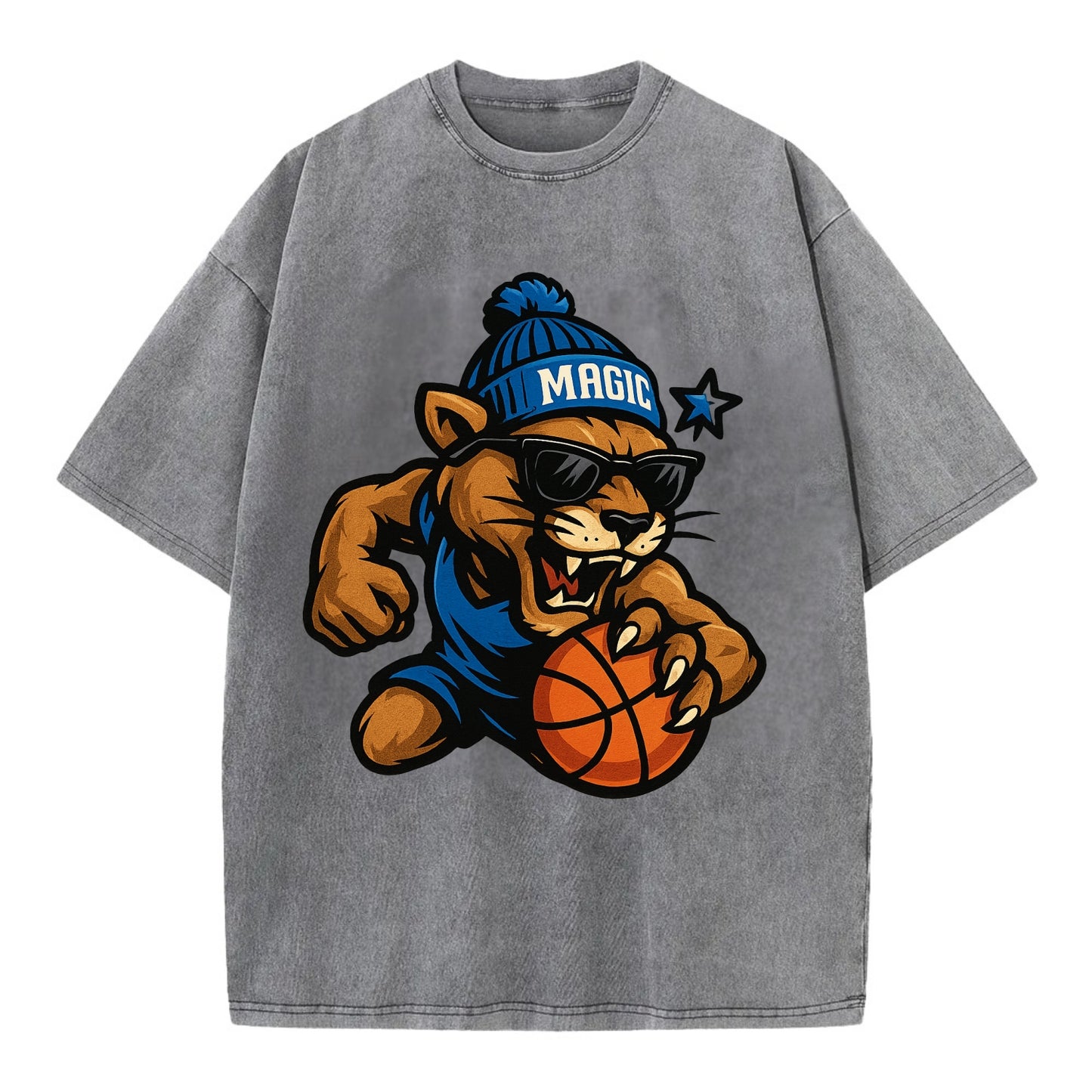 Florida Panther wearing Magic beanie with star wand patch and wayfarer sunglasses - Vintage T-shirt - Grey